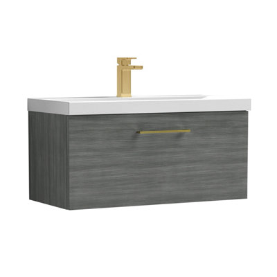 B&Q -  800mm Wall Hung Bathroom 1 Drawer Vanity Unit & 1 Tap Hole Ceramic BasinWoodgrain Anthracite & Brushed Brass Handle