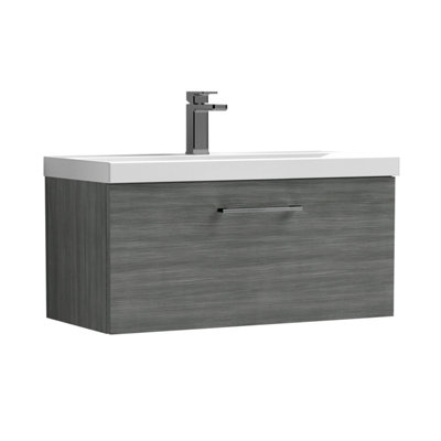 Balterley 800mm Wall Hung Bathroom 1 Drawer Vanity Unit & 1 Tap Hole Ceramic BasinWoodgrain Anthracite & Brushed Pewter Handle from B&Q