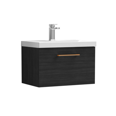 Balterley 600mm Wall Hung Bathroom 1 Drawer Vanity Unit And 1 Tap Hole Ceramic BasinWoodgrain Black With Copper Handle from B&Q