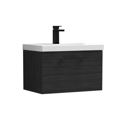 Balterley 600mm Wall Hung Bathroom 1 Drawer Vanity Unit And 1 Tap Hole Ceramic BasinWoodgrain Black With Black Handle from B&Q
