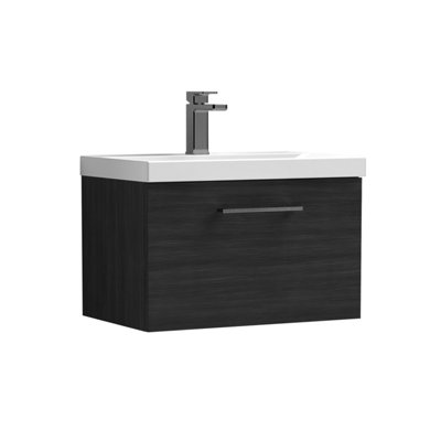 Balterley 600mm Wall Hung Bathroom 1 Drawer Vanity Unit And 1 Tap Hole Ceramic BasinWoodgrain Black With Brushed Pewter Handle from B&Q