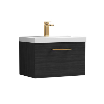Balterley 600mm Wall Hung Bathroom 1 Drawer Vanity Unit And 1 Tap Hole Ceramic BasinWoodgrain Black With Brushed Bronze Handle from B&Q