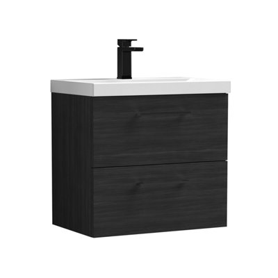Balterley 600mm Wall Hung Bathroom 2 Drawer Vanity Unit And 1 Tap Hole Ceramic BasinWoodgrain Black With Black Handles from B&Q