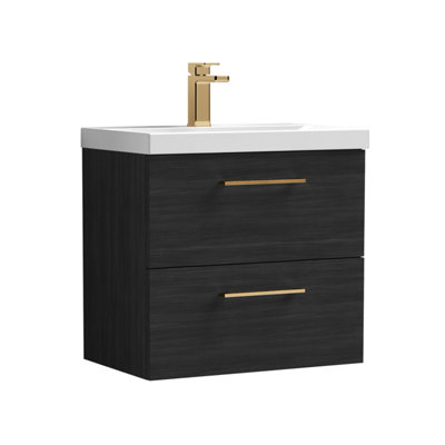 Balterley 600mm Wall Hung Bathroom 2 Drawer Vanity Unit And 1 Tap Hole Ceramic BasinWoodgrain Black With Brushed Pewter Handles from B&Q