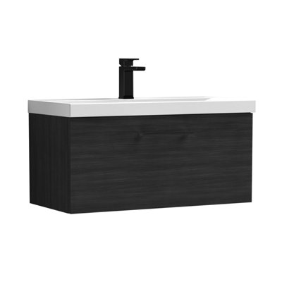 B&Q -  800mm Wall Hung Bathroom 1 Drawer Vanity Unit And 1 Tap Hole Ceramic BasinWoodgrain Black With Black Handle