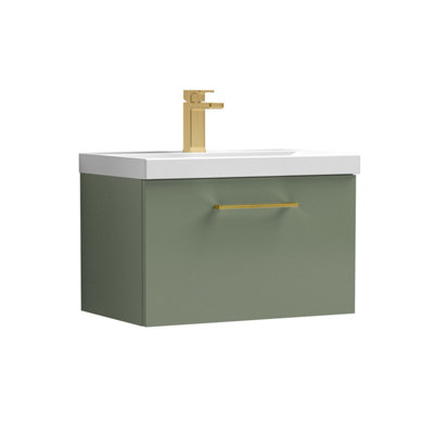 B&Q -  600mm Wall Hung Bathroom 1 Drawer Vanity Unit And 1 Tap Hole Ceramic BasinSatin Green With Brushed Brass Handle
