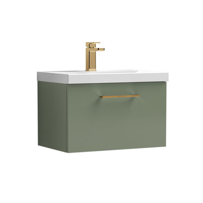 Balterley 600mm Wall Hung Bathroom 1 Drawer Vanity Unit And 1 Tap Hole Ceramic BasinSatin Green With Brushed Bronze Handle from B&Q