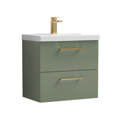 Balterley 600mm Wall Hung Bathroom 2 Drawer Vanity Unit And 1 Tap Hole Ceramic BasinSatin Green With Brushed Bronze Handles from B&Q