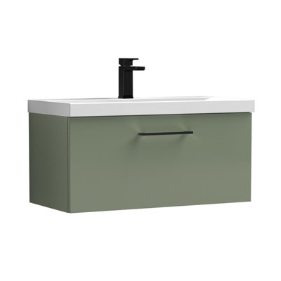 Balterley 800mm Wall Hung Bathroom 1 Drawer Vanity Unit And 1 Tap Hole Ceramic BasinSatin Green With Black Handle from B&Q