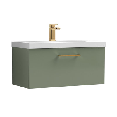 Balterley 800mm Wall Hung Bathroom 1 Drawer Vanity Unit And 1 Tap Hole Ceramic BasinSatin Green With Brushed Bronze Handle from B&Q