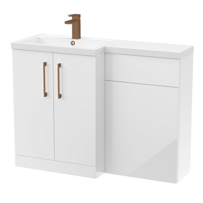 Balterley Left-Hand Bathroom Vanity And Wc Unit Combination With Basin1100mmGloss White With Brushed Bronze Handles from B&Q