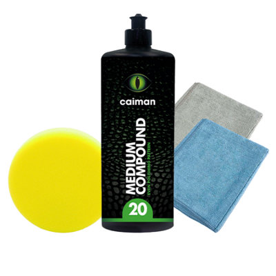 Caiman Medium Compound 1Kg + Yellow Medium Pad + Grey & Blue Microfibre Cloths from B&Q