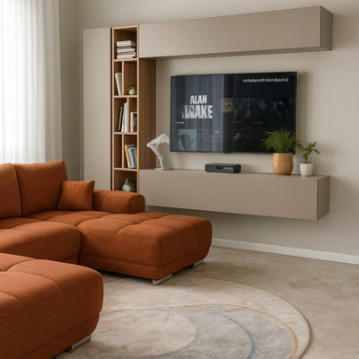  - Kodita Stylish Wall Mounted Storage Unit Cashmere And Cremona Oak Modern Living Room Set