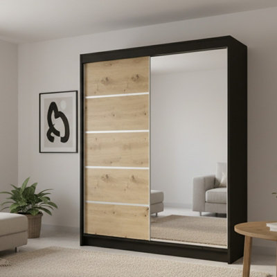 Sliding Door Wardrobe Camino 3 With Mirror Black Artisan Oak from B&Q