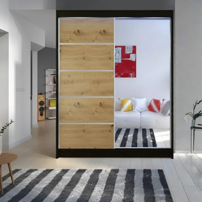 Sliding Door Wardrobe Camino 3 With Mirror And Rgb Led Lights Black Artisan Oak from B&Q