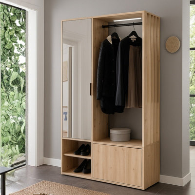 Milo J Modern Entryway Cabinet With Mirror Shelves And Clothes Rail Oak Artisan Design from B&Q