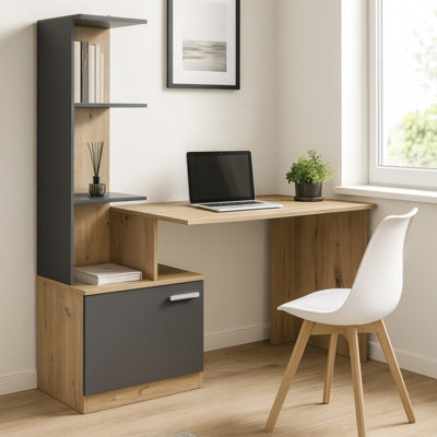Miso Functional Study Desk With Built In Book Storage Stylish Graphite And Oak Artisan Finish from B&Q