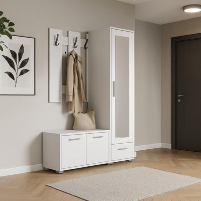Hit Hallway Furniture Set Modern White Entryway With Wardrobe Shoe Cabinet Shelves And Mirror from B&Q