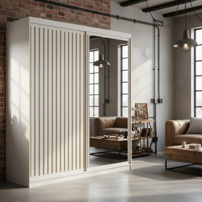 Delia 180 White Sliding Door Wardrobe Modern Design With Mirror And Decorative Slats from B&Q