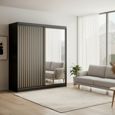 Delia 180 Artisan With Black Sliding Door Wardrobe Modern Design With Mirror And Decorative Slats from B&Q