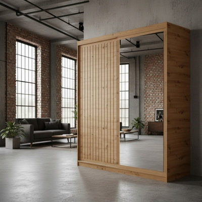 Delia 180 Artisan Sliding Door Wardrobe Modern Design With Mirror And Decorative Slats from B&Q