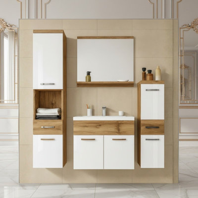 Alba Bathroom Furniture Set White Gloss Finish With Dolomite Washbasin Wotan Oak from B&Q