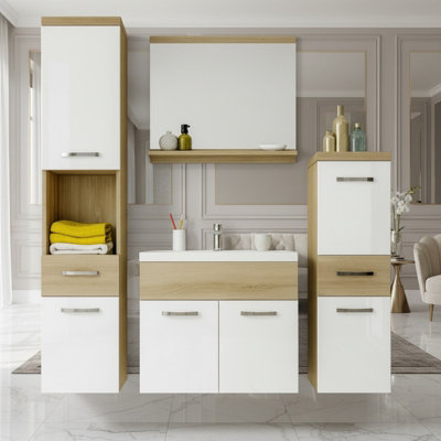 Alba Bathroom Furniture Set White Gloss Finish With Dolomite Washbasin Sonoma Oak from B&Q