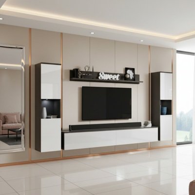 Paris Xl Modern Living Room Set Matera White High Gloss Wall Unit With Tv Stand Shelves And Display Cabinets from B&Q