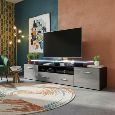 Evora 194Cm Modern Tv Unit Black Grey High Gloss Media Cabinet With Sleek Contemporary Design from B&Q
