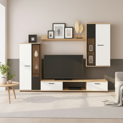 Salsa Modern White Artisan Oak Wall Unit Contemporary Living Room Storage And Display Furniture Set from B&Q