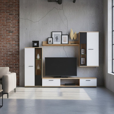 Salsa Modern White Artisan Oak Wall Unit Contemporary Living Room Storage And Display Furniture Set With Led Lights from B&Q