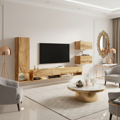 Amadeo Modern Wotan Wall Unit Tv Cabinet And Hanging Storage With Wotan Fronts With Led Lights from B&Q