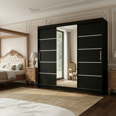 Aston Vi Black Sliding Door Wardrobe Modern Design With Mirror Shelves And Hanging Rails No Led Lighting from B&Q