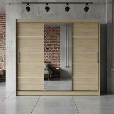 Aston Vi Sonoma Oak Sliding Door Wardrobe Modern Design With Mirror Shelves And Hanging Rails No Led Lighting from B&Q