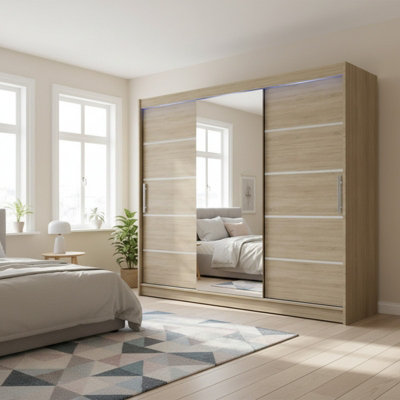 Aston Vi Sonoma Oak Sliding Door Wardrobe Modern Design With Mirror Shelves And Hanging Rails With Led Lighting from B&Q