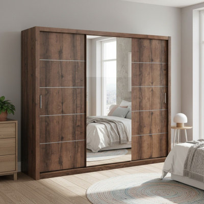 Large Bono Sz250 Monastery Oak Wardrobe With Sliding Doors And Mirror Stylish Practical Bedroom Storage from B&Q