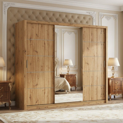 Large Bono Sz250 Artisan Oak Wardrobe With Sliding Doors And Mirror Stylish Practical Bedroom Storage from B&Q