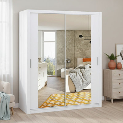 Contemporary Bono Sz180 White Wardrobe With Mirror And Sliding Doors For Efficient Organisation from B&Q