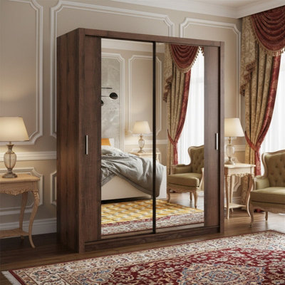 Contemporary Bono Sz180 Monastery Oak Wardrobe With Mirror And Sliding Doors For Efficient Organisation from B&Q