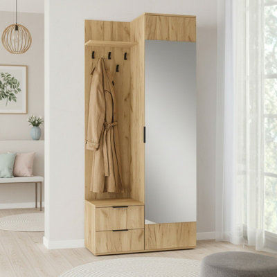 Coral Compact Hallway Wardrobe In Golden Oak With Mirror Coat Hooks And Storage Cabinet from B&Q
