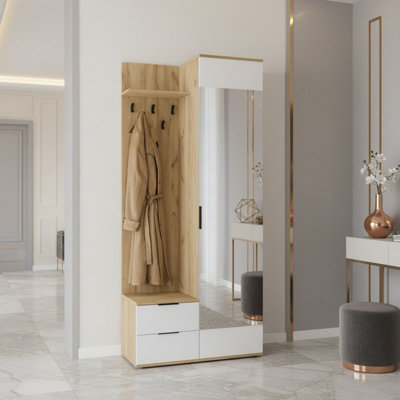 Coral Compact Hallway Wardrobe In Golden Oak White With Mirror Coat Hooks And Storage Cabinet from B&Q