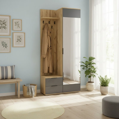 Coral Compact Hallway Wardrobe In Golden Oak Anthracite With Mirror Coat Hooks And Storage Cabinet from B&Q