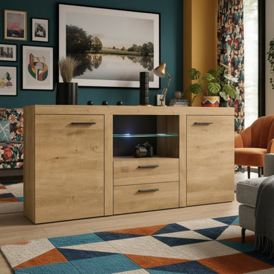 Rumba Modern Sideboard 157 Cm With 2 Drawers Stylish And Durable Storage For Living Or Dining Rooms Oak Lefkas from B&Q