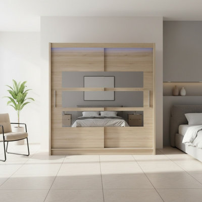 Bega Iii 180 Cm Sliding Door Wardrobe With Mirror Shelving And Hanging Rail Storage Sonoma With Led Lights from B&Q