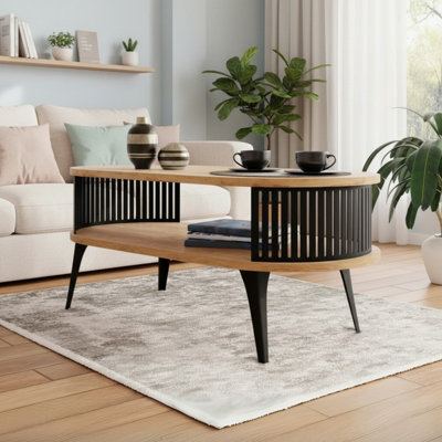  - Modern Coffee Table Roenni Oval Shape Open Storage Space Black With Gold Craft Oak