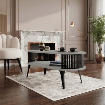  - Modern Coffee Table Roenni Oval Shape Open Storage Space Black With Light Graphite