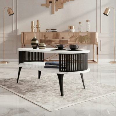  - Modern Coffee Table Roenni Oval Shape Open Storage Space Black With Bianco Marble