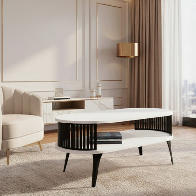  - Modern Coffee Table Roenni Oval Shape Open Storage Space Black With Arctic White