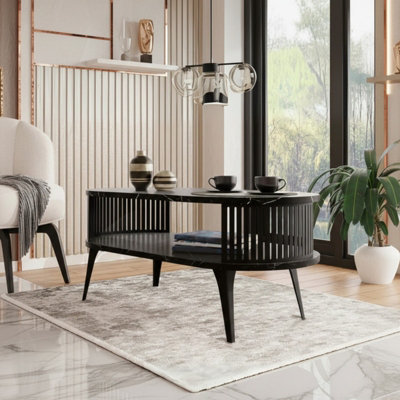 - Modern Coffee Table Roenni Oval Shape Open Storage Space Black With Black Pietra Grigia