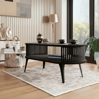  - Modern Coffee Table Roenni Oval Shape Open Storage Space Black With Black Knurl